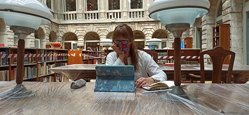 Jenny doing research at the Marciana library, Venice during Covid.