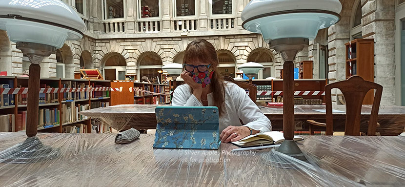 Jenny doing research at the Marciana library, Venice during Covid.
